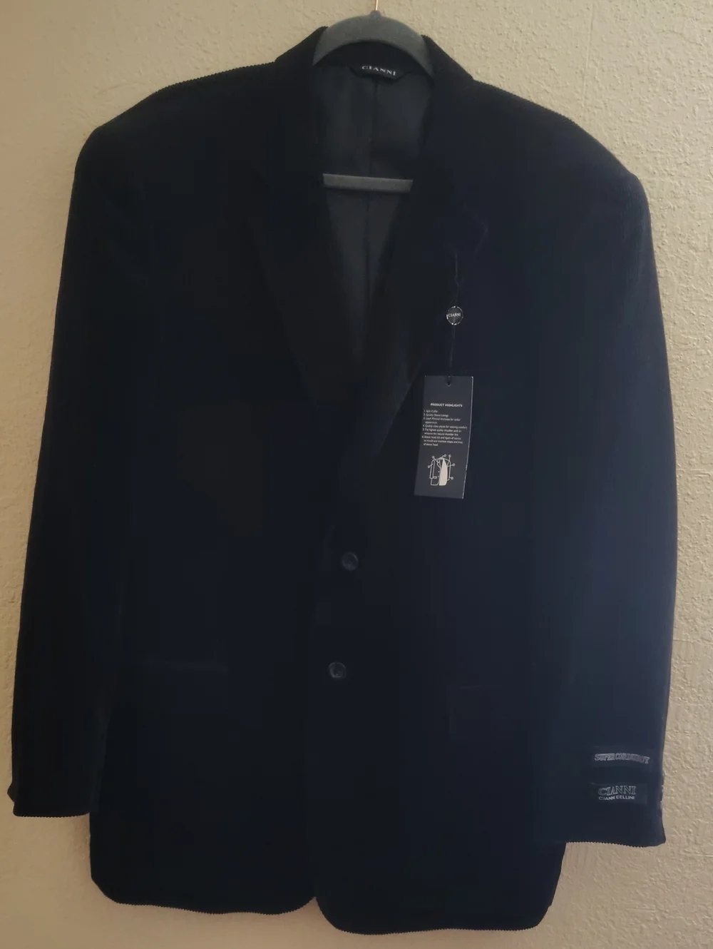 Cianni Cellini Men's Black Cordoroy 2 Button Sport Coat Blazer Size 44R NWT